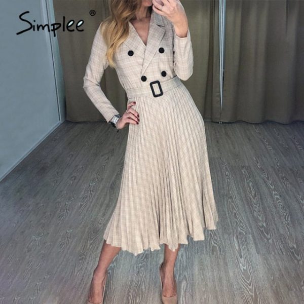 Simplee Elegant plaid office ladies dress A-line belt autumn winter work dress Fashion High street Vintage V-neck female dress Fashion - Image 5