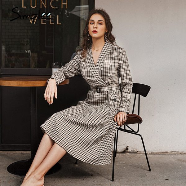 Simplee Elegant plaid office ladies dress A-line belt autumn winter work dress Fashion High street Vintage V-neck female dress Fashion - Image 4
