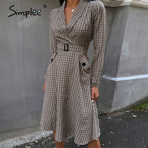 Simplee Elegant plaid office ladies dress A-line belt autumn winter work dress Fashion High street Vintage V-neck female dress Fashion