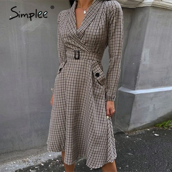 Simplee Elegant plaid office ladies dress A-line belt autumn winter work dress Fashion High street Vintage V-neck female dress Fashion - Image 3