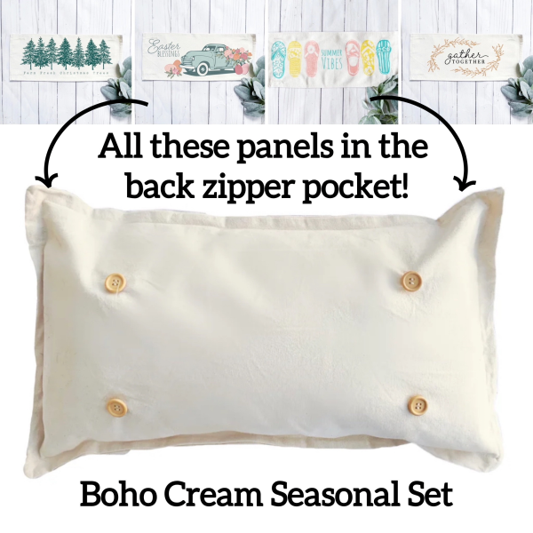 SEASONAL BUNDLE SET: Natural Cream Boho Pillow (comes with foam insert and these 4 panels in back pocket); Winter Spring Summer Fall Autumn: GATHER TOGETHER, EASTER TRUCK, SUMMER FLIP FLOPS, FARM FRESH CHRISTMAS TREES Discount