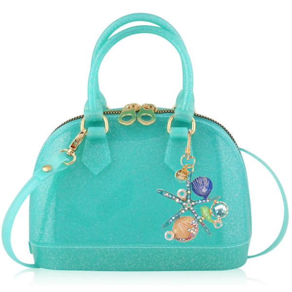 Carrying Kind Cate Jelly Purse in Aqua Sparkle with Sparkle Seashells by the Sea Charm For Cheap