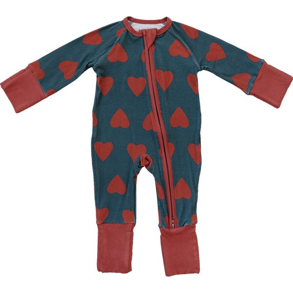Mebie Baby Navy + Red Hearts Ribbed Bamboo Zipper For Cheap