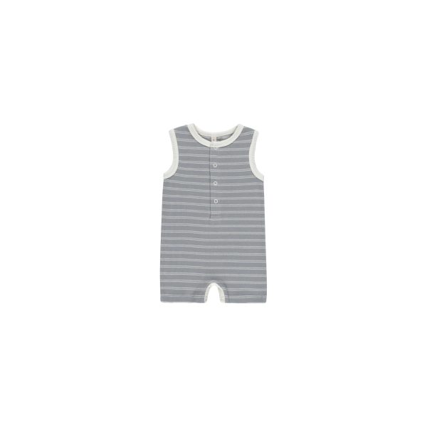 Quincy Mae Ribbed Henley Romper, Blue Pinstripe Online now