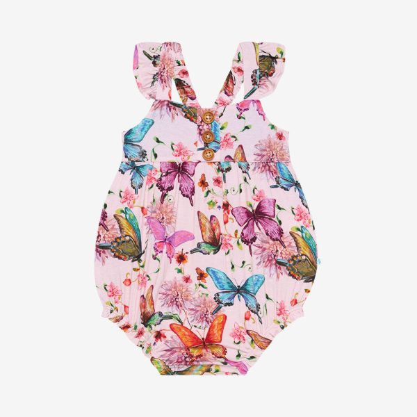 Posh Peanut Watercolor Butterfly Henley Ruffled Capsleeve Bubble Romper Supply