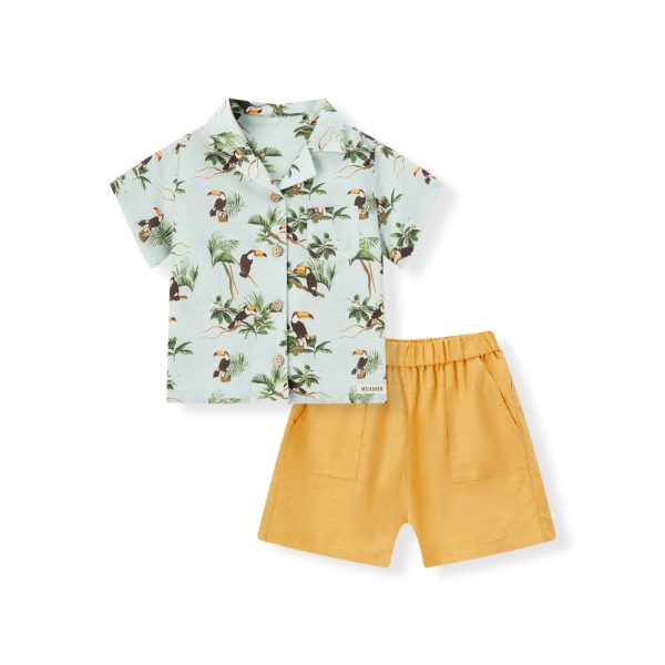 Milkbarn Linen Button-Up Shirt And Shorts Set, Blue Sky Toucan For Cheap